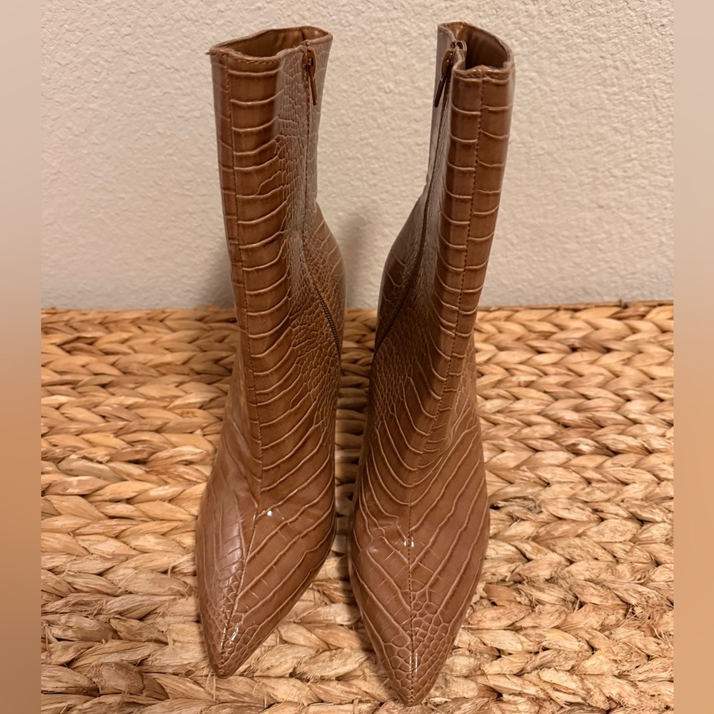 Brown Crocodile-Embossed Ankle Boots
